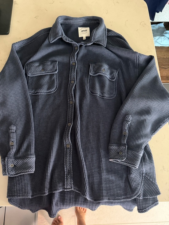 aerie Tops - aerie Waffle Knit Button-Up in Dusty Navy Blue